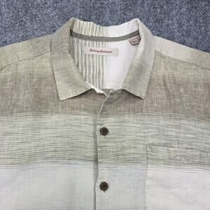 Tommy Bahama Shirt Mens XLX Beige Striped Linen Short Sleeve Button Front Camp